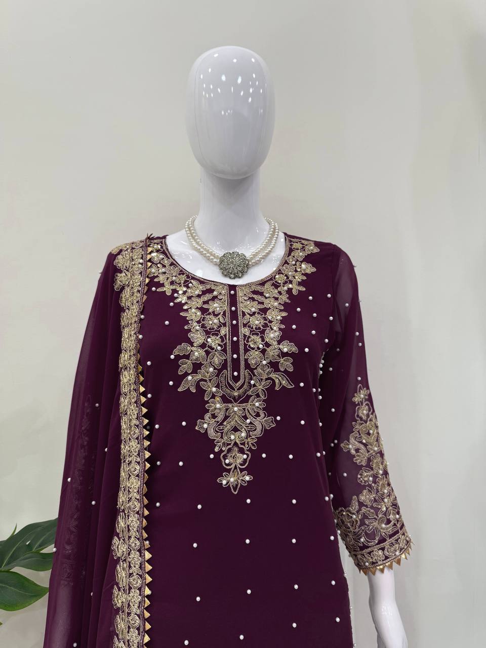Wine Georgette Palazzo Suit Set with Sequin and Rivet Moti Work