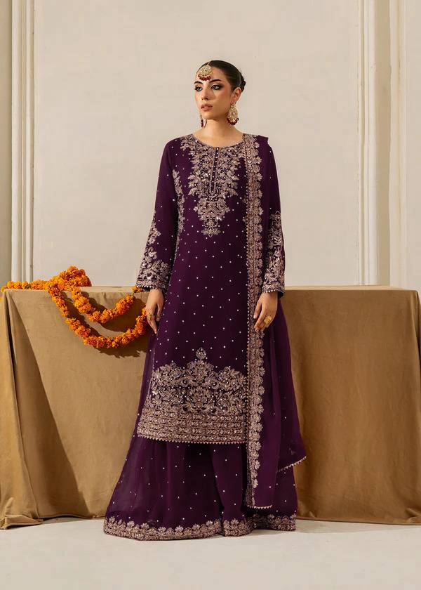 Wine Georgette palazzo suit with sequin and rivet moti embroidery