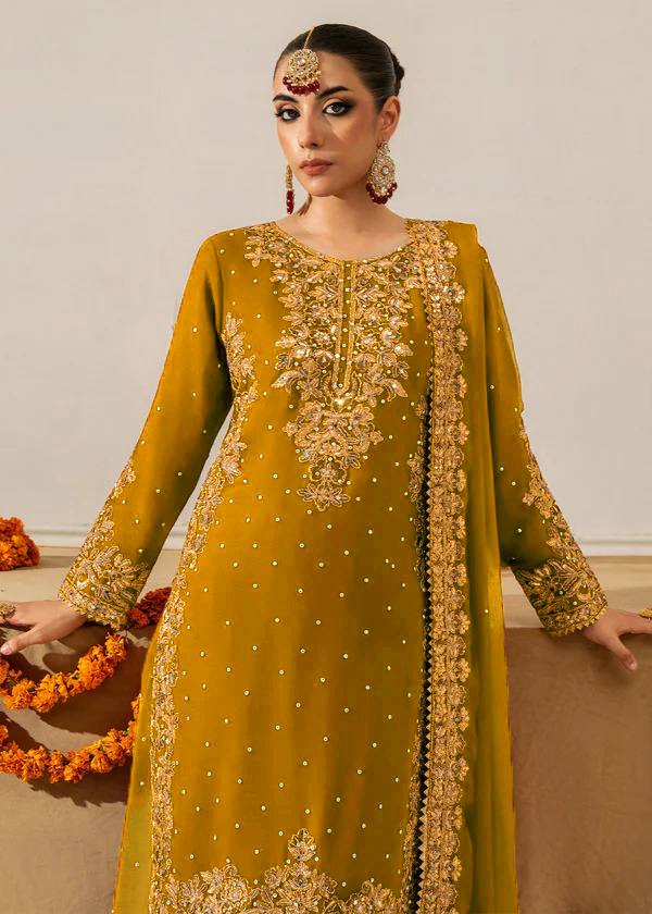 Yellow Georgette Palazzo Suit with Sequence and Rivet Moti