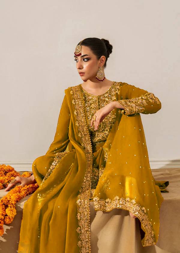 Yellow Georgette Palazzo Suit with Sequence and Rivet Moti