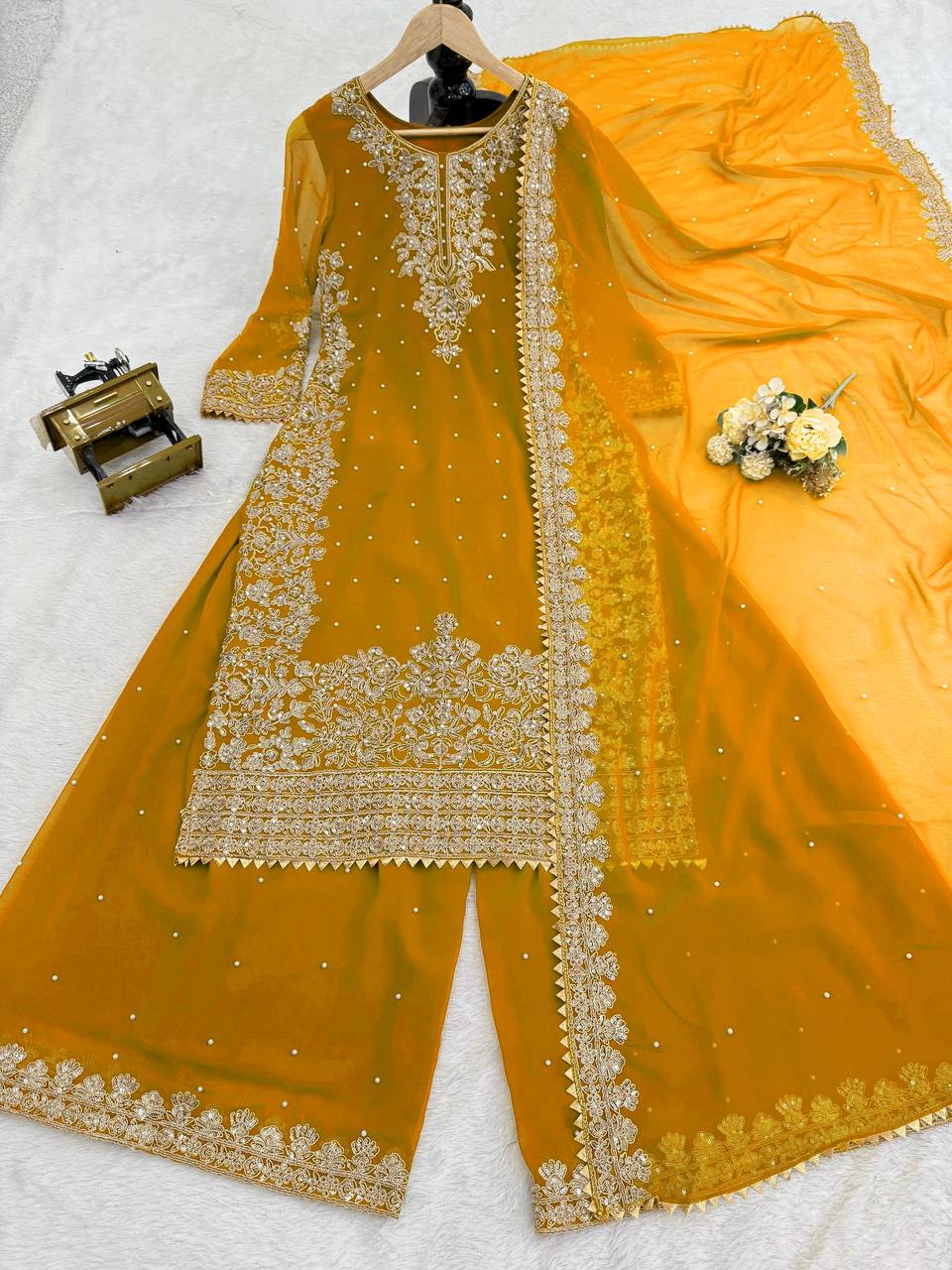 Yellow Georgette Palazzo Suit with Sequence and Rivet Moti