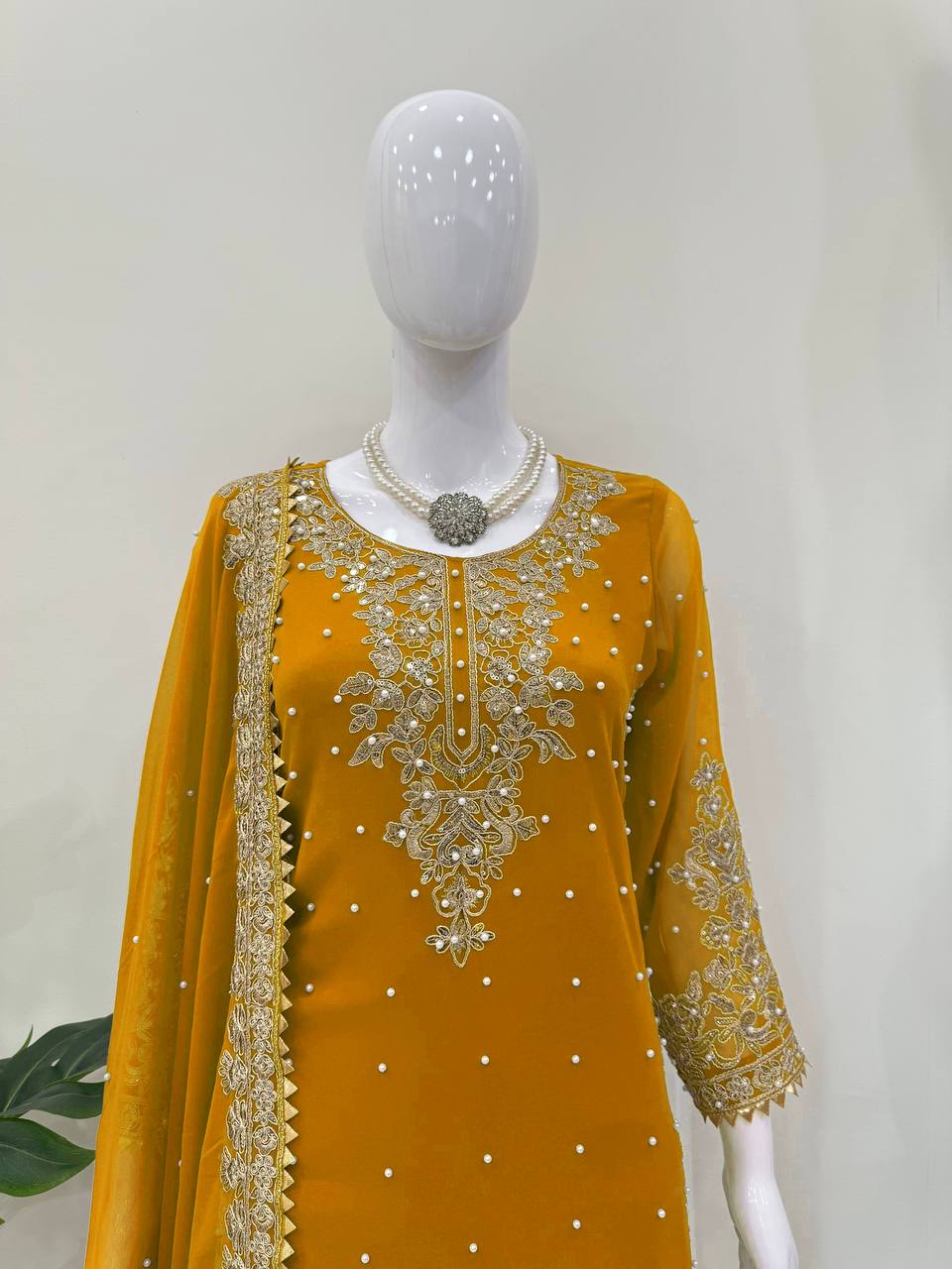 Yellow Georgette Palazzo Suit with Sequence and Rivet Moti