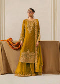 Bright yellow georgette palazzo suit with sequence and rivet moti details