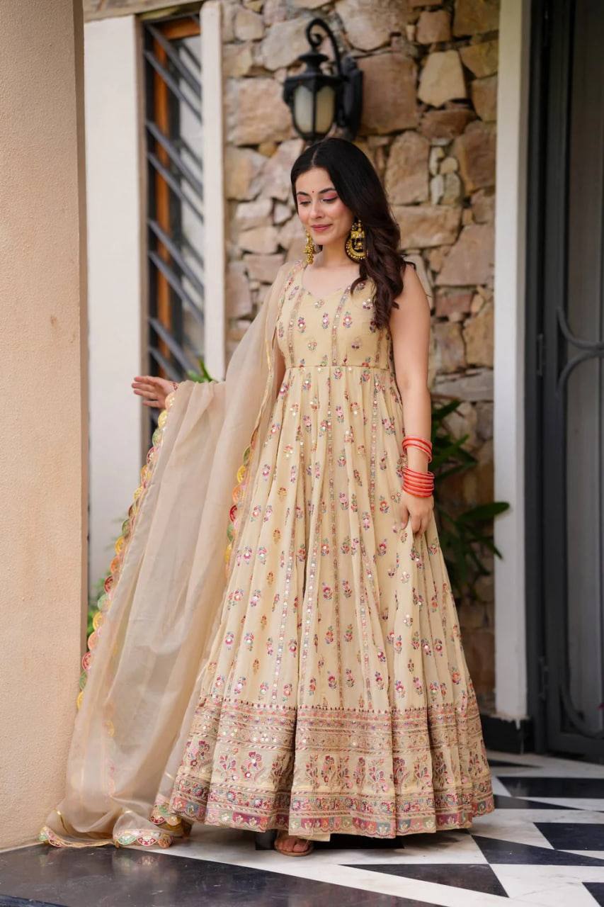Cream Georgette Anarkali Suit with Thread & Sequin Work