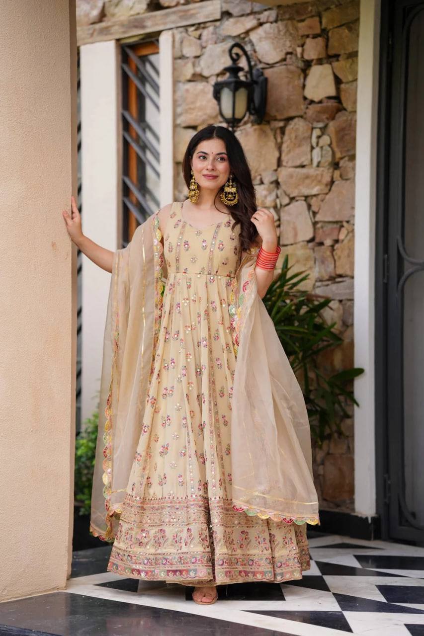 Cream Georgette Anarkali Suit with Thread & Sequin Work