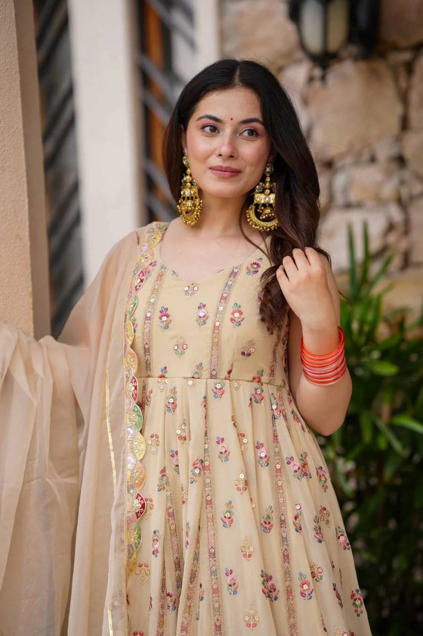 Cream Georgette Anarkali Suit with Thread & Sequin Work
