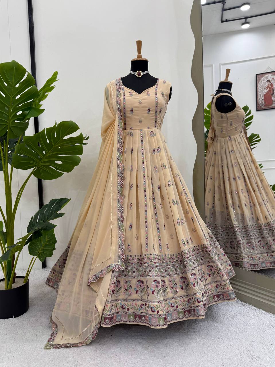 Cream Georgette Anarkali Suit with Thread & Sequin Work