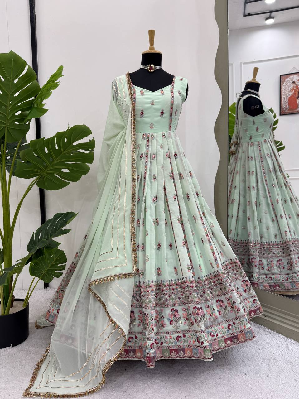 Prazu Fashion Light Lime Green Georgette Thread Sequin Anarkali Suit