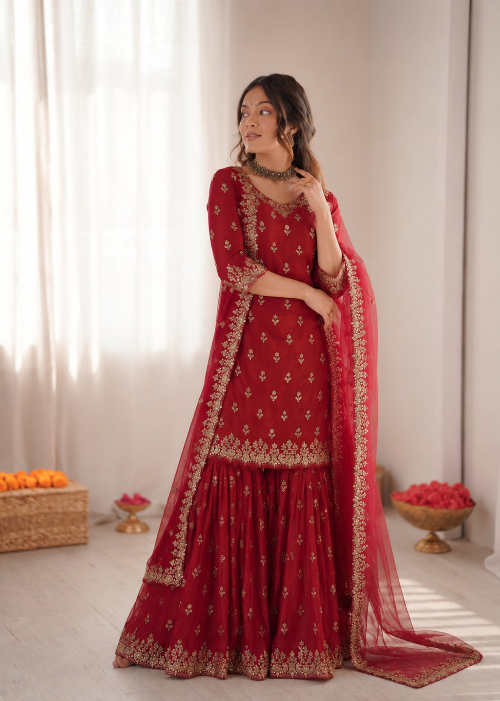 Maroon Chinon Silk Sharara Suit with Thread & Sequence Embroidery