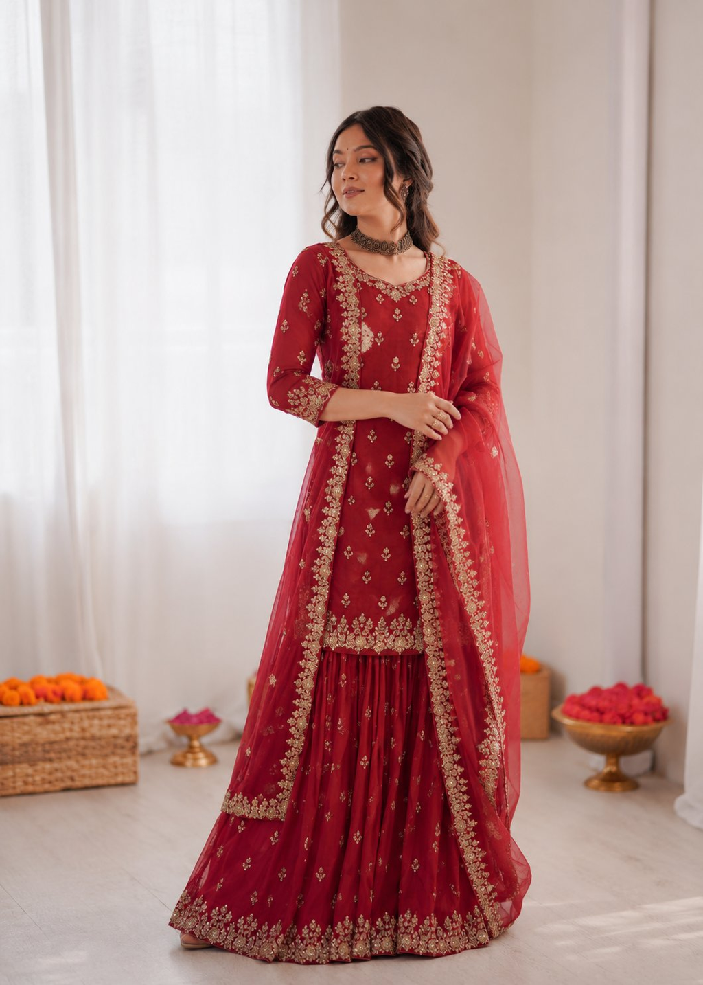Maroon Chinon Silk Sharara Suit with Thread & Sequence Embroidery