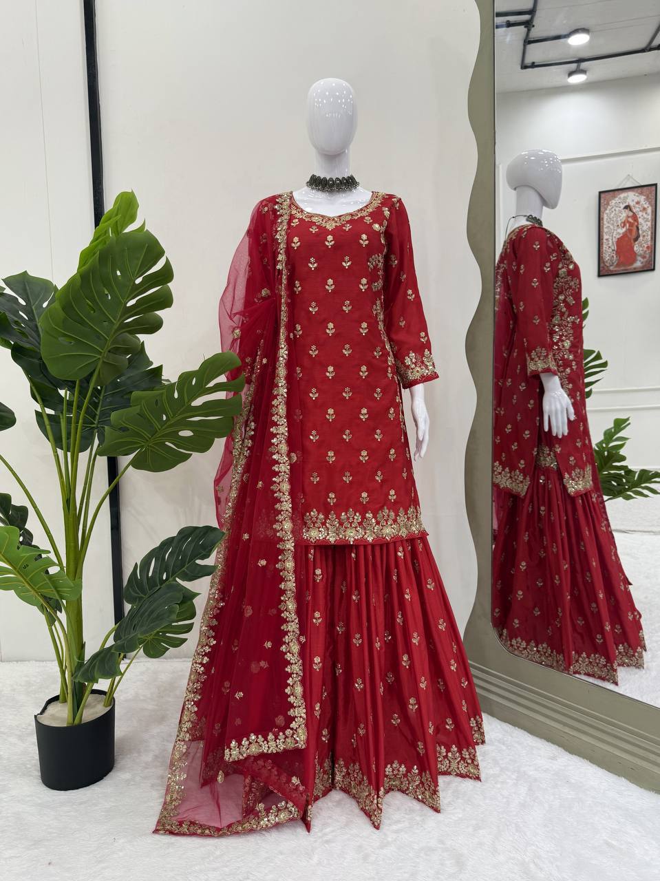 Maroon Chinon Silk Sharara Suit with Thread & Sequence Embroidery