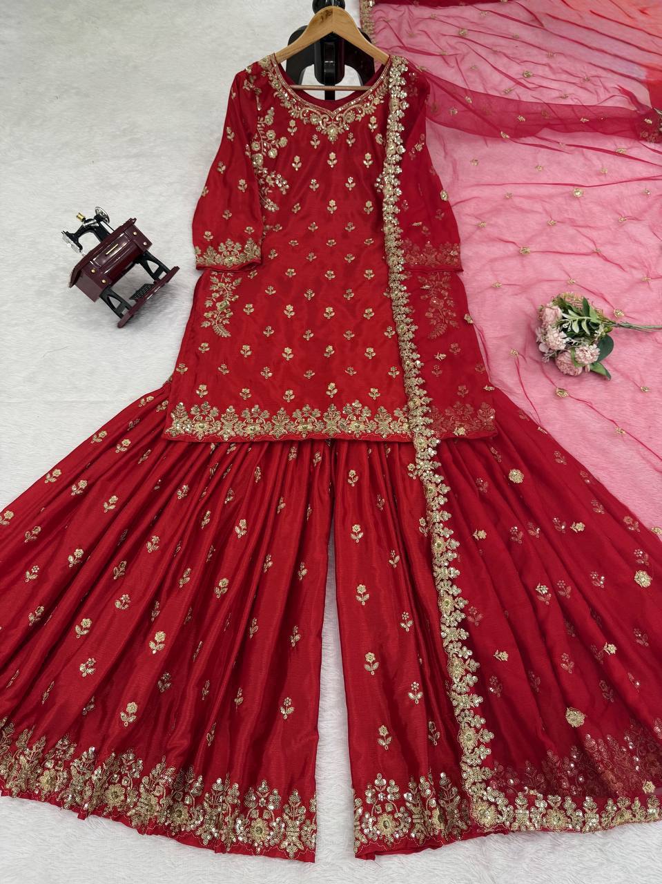 Maroon Chinon Silk Sharara Suit with Thread & Sequence Embroidery