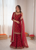 Maroon Chinon Silk Sharara suit with detailed thread and sequence embroidery