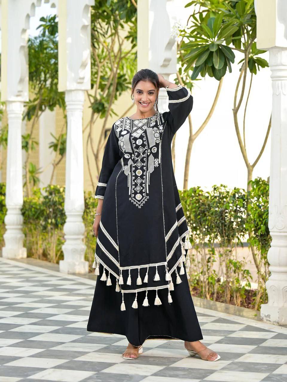Black Rayon Cotton Palazzo Suit with Real Mirror Work