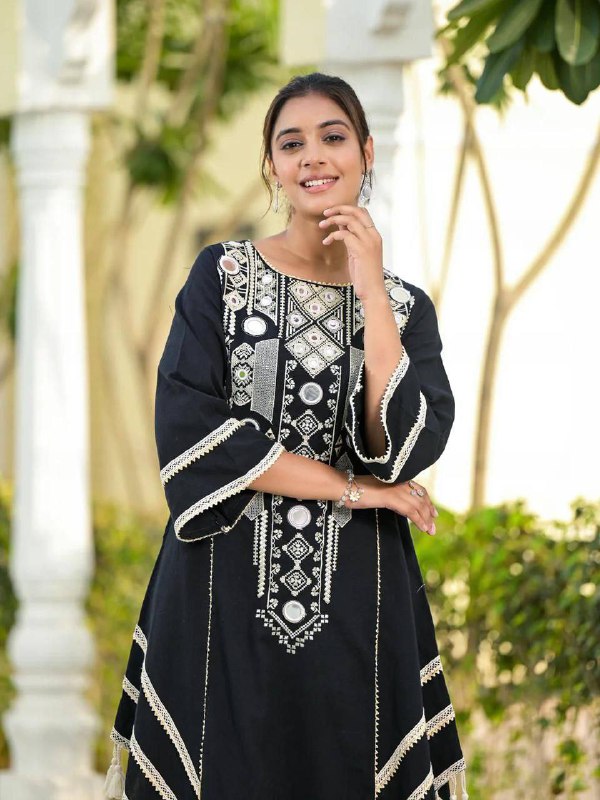 Black Rayon Cotton Palazzo Suit with Real Mirror Work