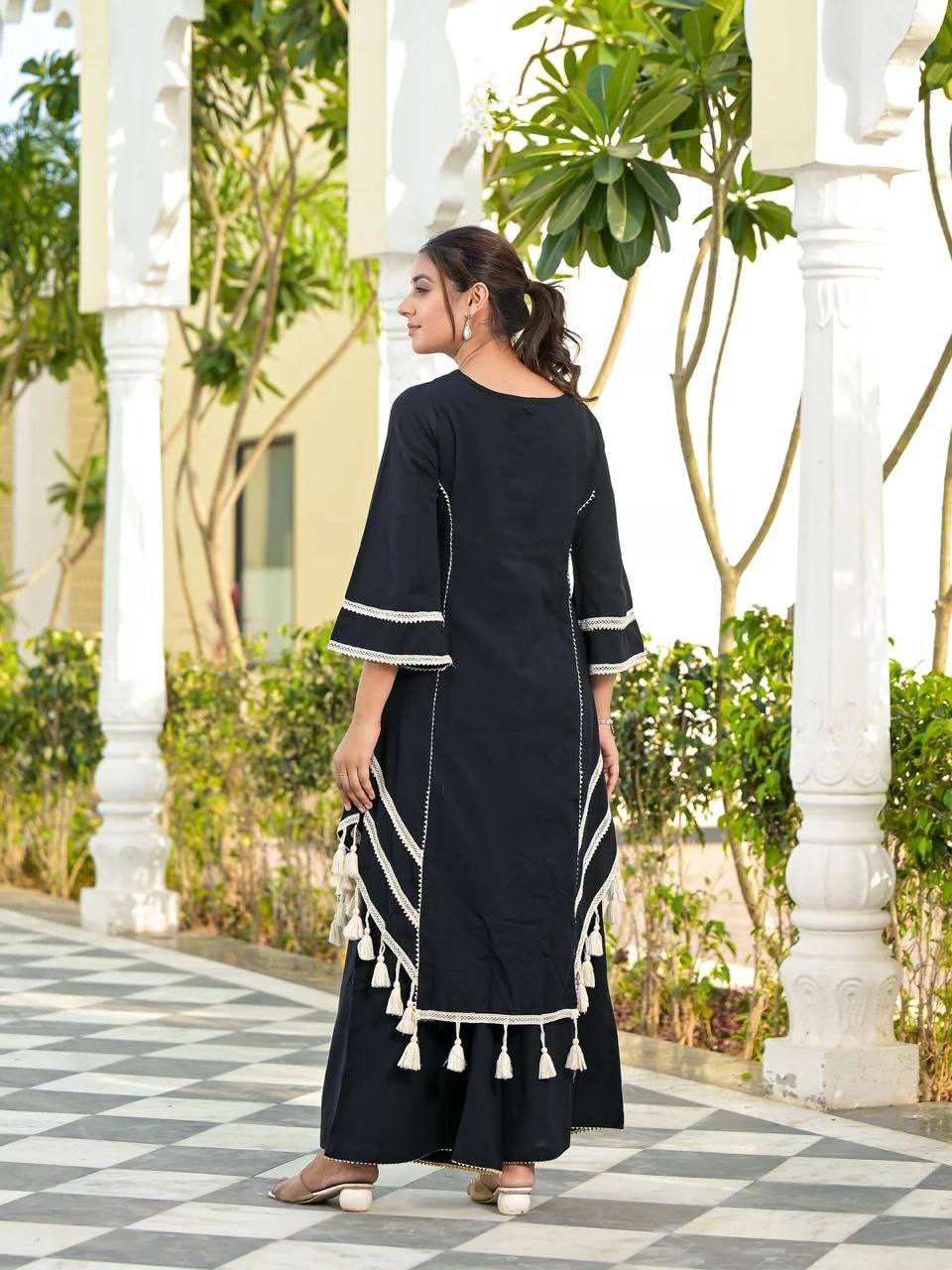 Black Rayon Cotton Palazzo Suit with Real Mirror Work