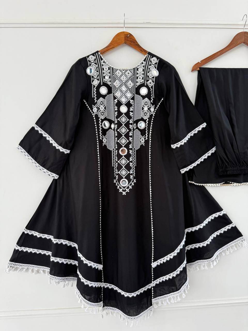 Black Rayon Cotton Palazzo Suit with Real Mirror Work