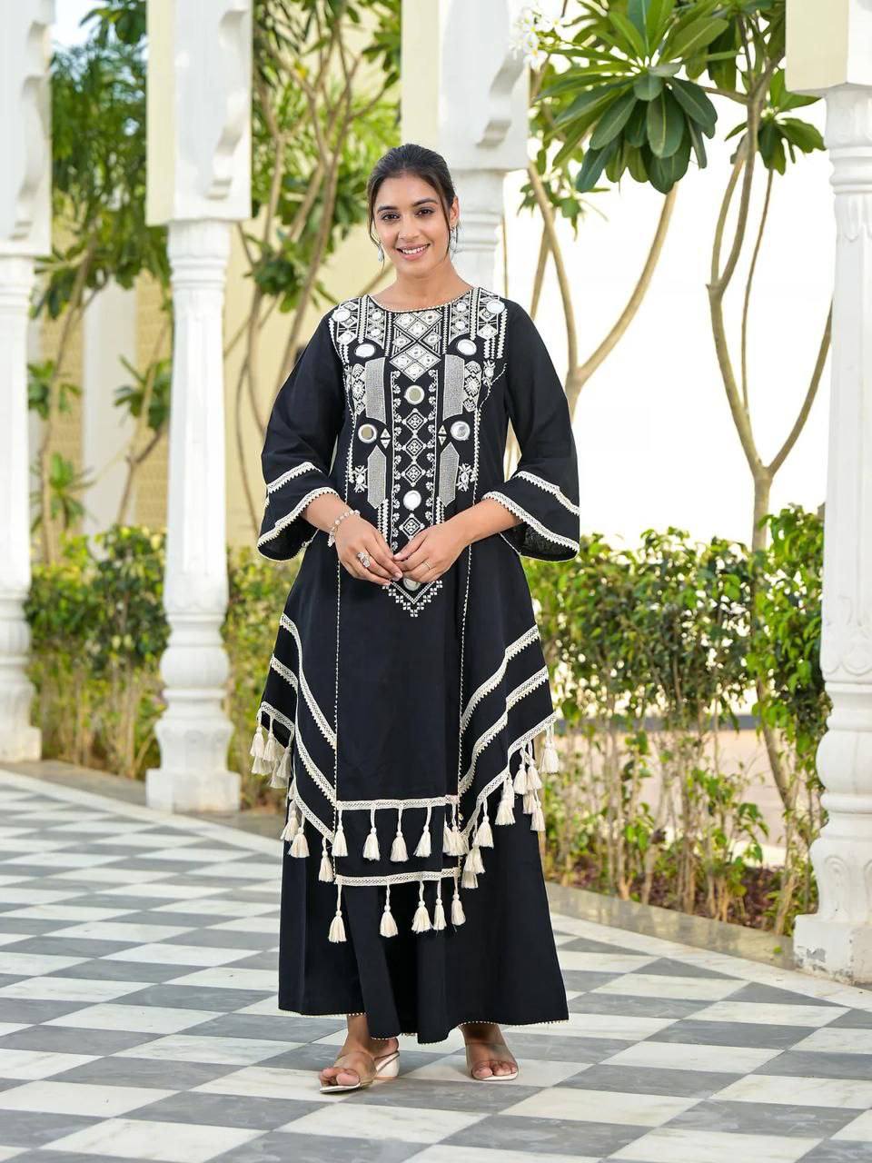 Black rayon cotton palazzo suit featuring real mirror work and lace border