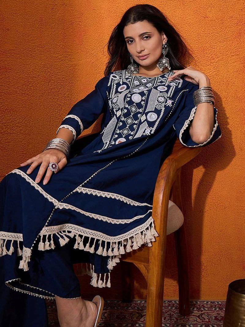 Blue Rayon Cotton Palazzo Suit with Real Mirror Work and Latkan