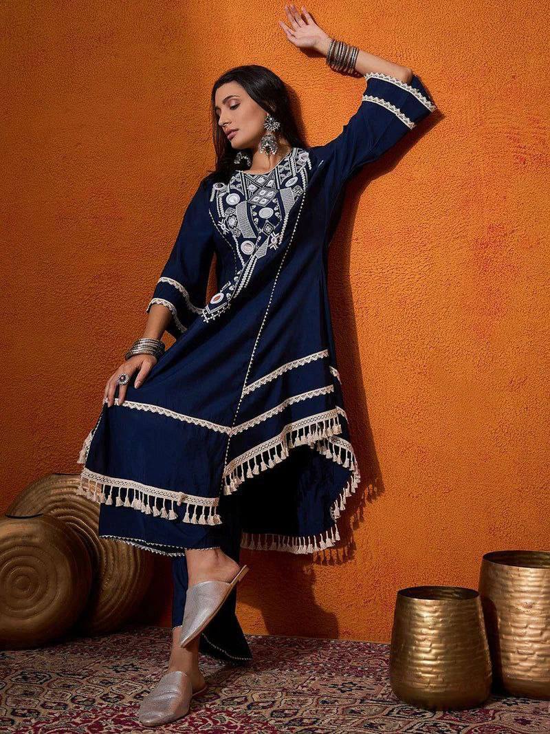 Blue Rayon Cotton Palazzo Suit with Real Mirror Work and Latkan