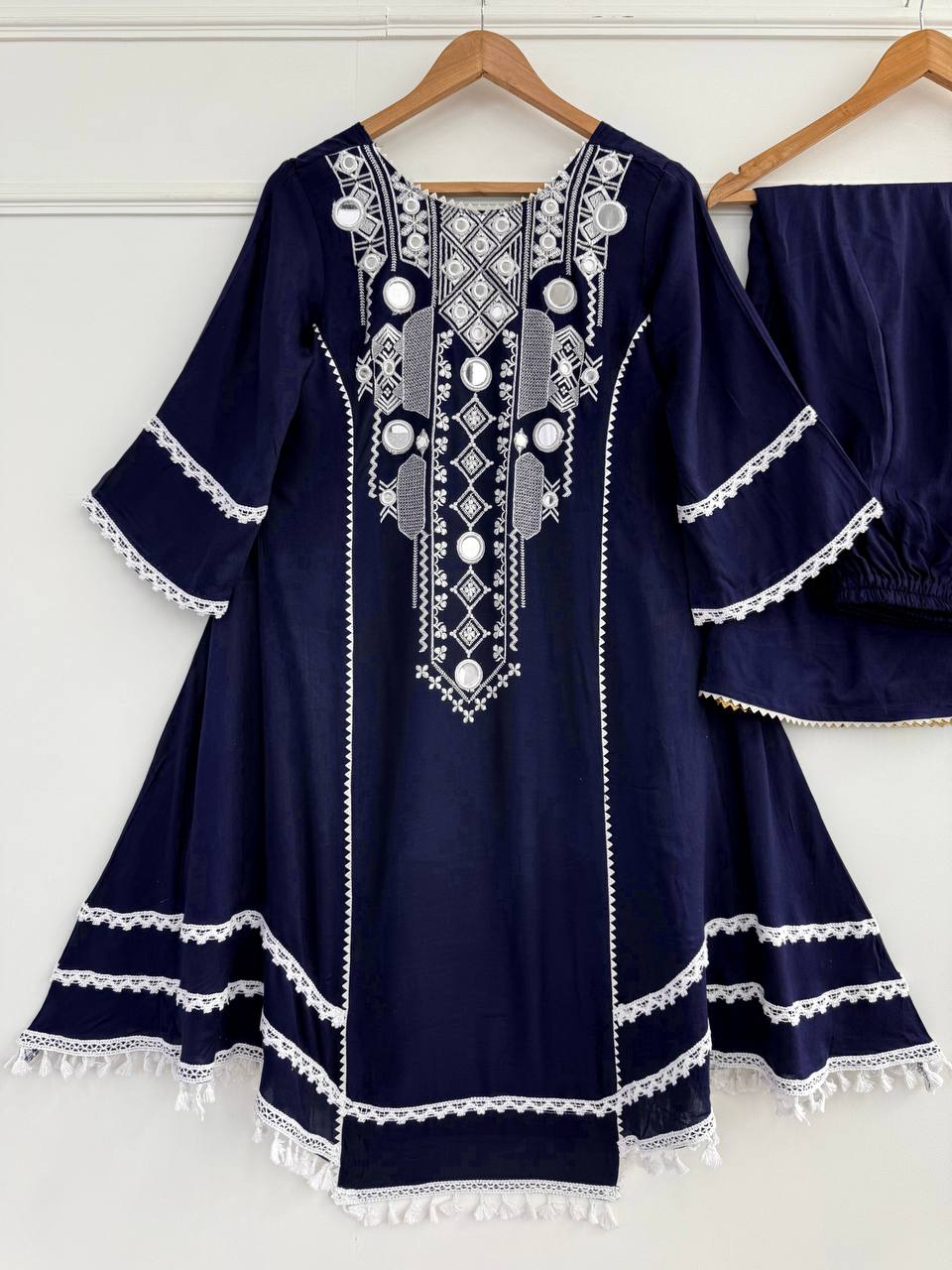 Blue Rayon Cotton Palazzo Suit with Real Mirror Work and Latkan