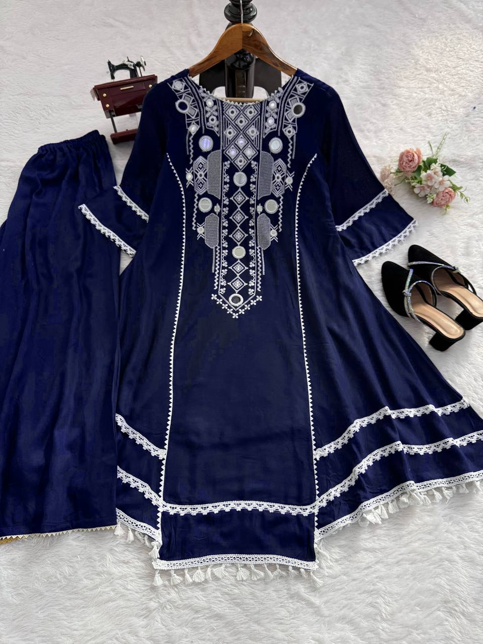 Blue Rayon Cotton Palazzo Suit with Real Mirror Work and Latkan