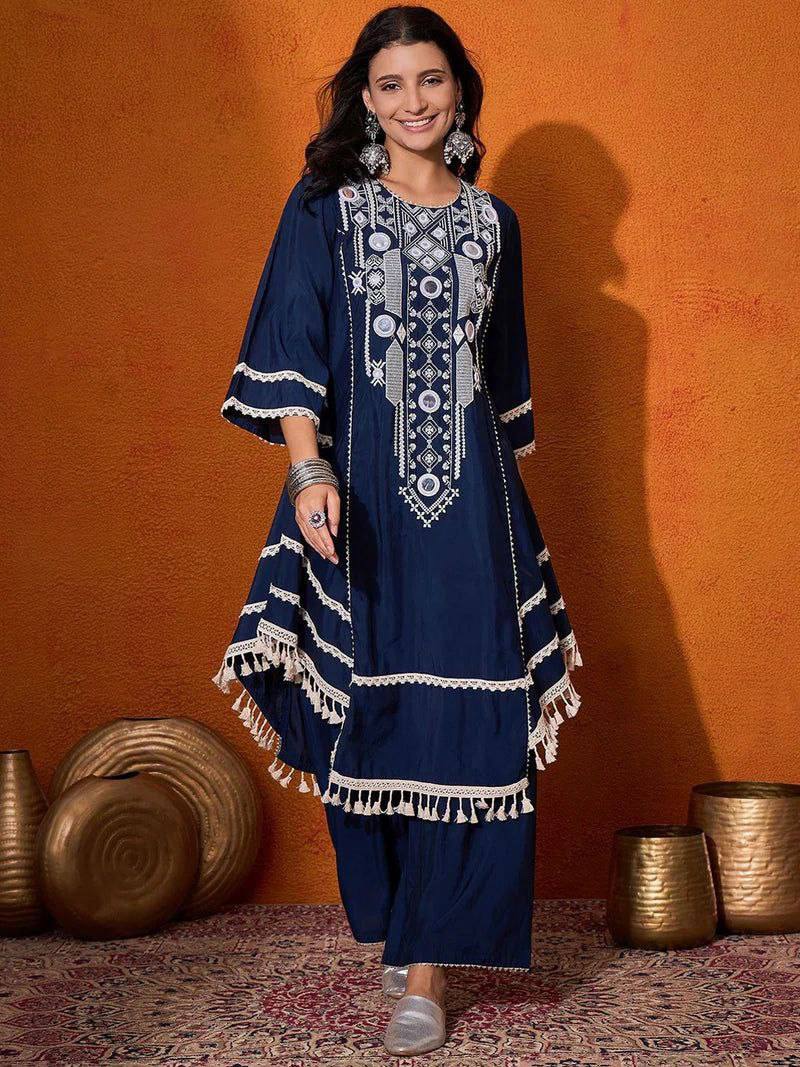 Blue rayon cotton palazzo suit with real mirror embroidery and fancy lace borders