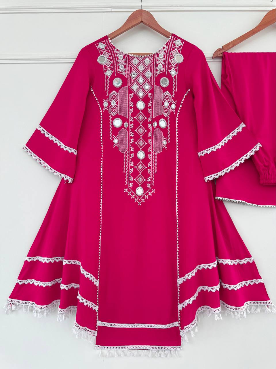 Prazu Fashion Pink Rayon Cotton Thread Real Mirror Palazzo Suit