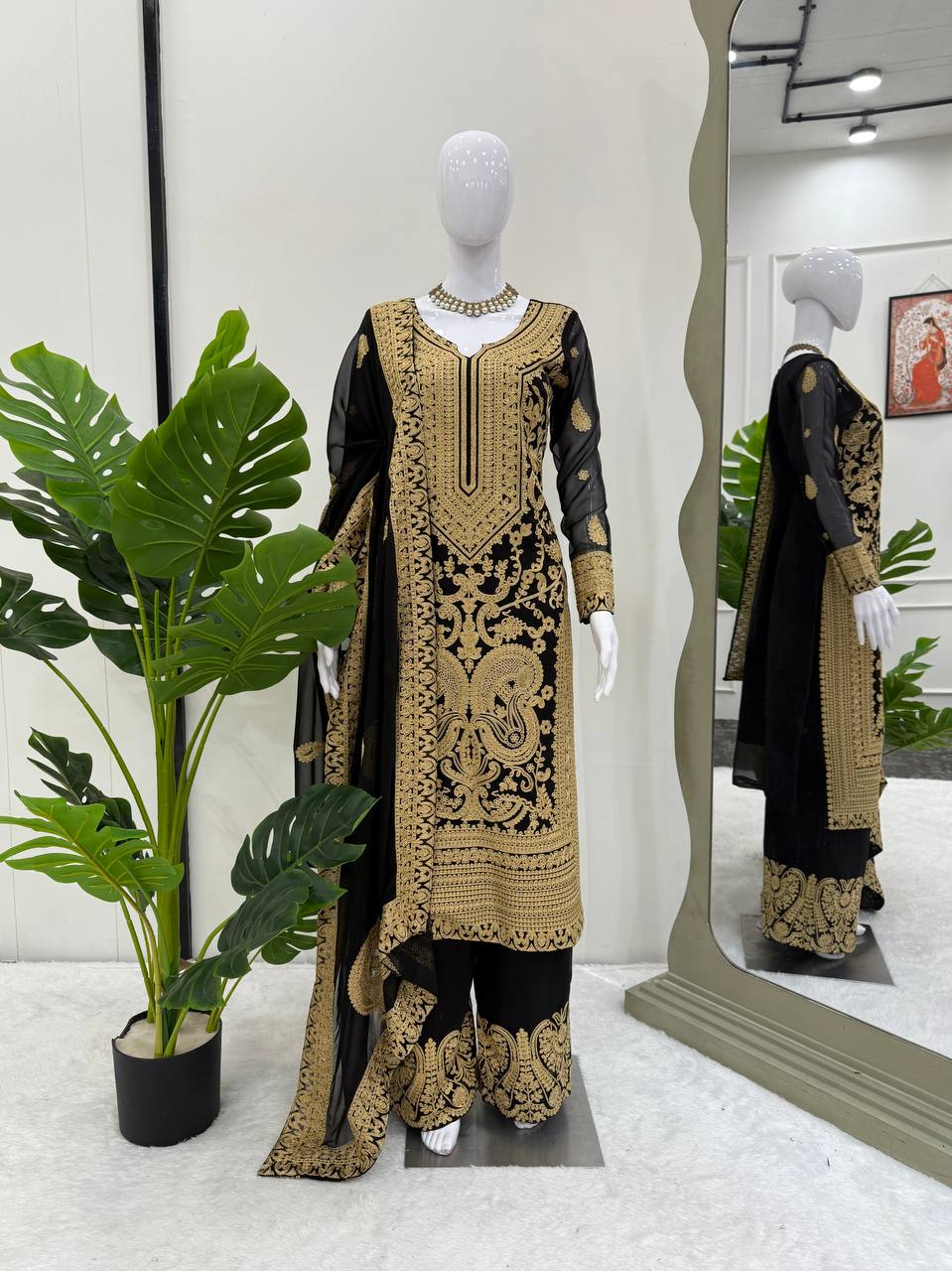 Black Georgette Chine Stitch Designer Palazzo Suit Set