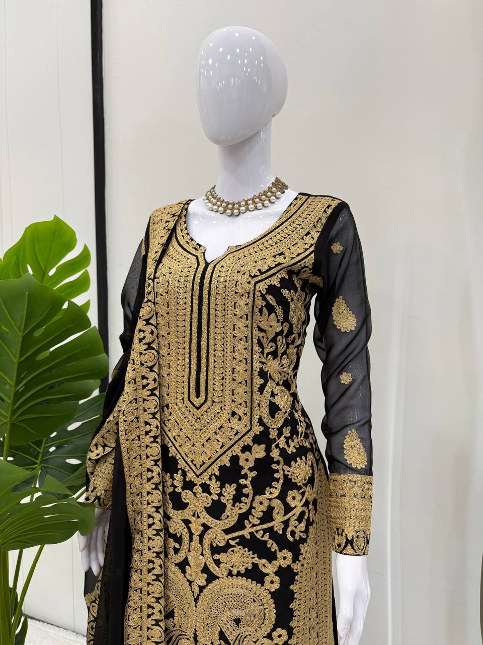 Black Georgette Chine Stitch Designer Palazzo Suit Set