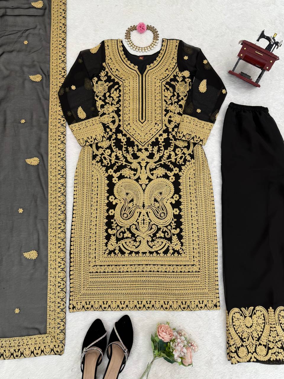 Black Georgette Chine Stitch Designer Palazzo Suit Set