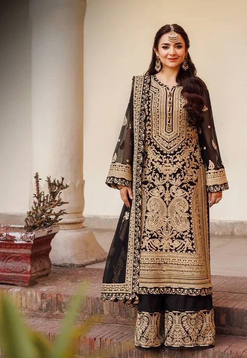Sophisticated black georgette palazzo suit with detailed Chine stitch embroidery
