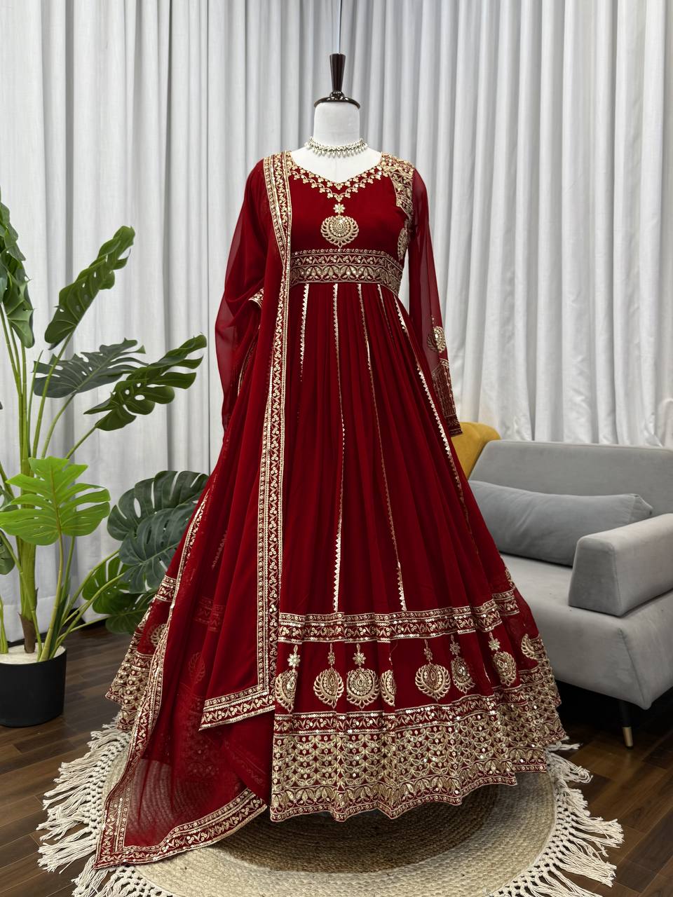 Maroon Georgette Anarkali Suit with Thread and Sequin Work