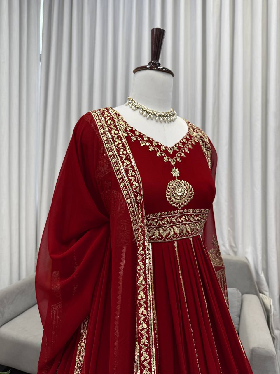 Maroon Georgette Anarkali Suit with Thread and Sequin Work