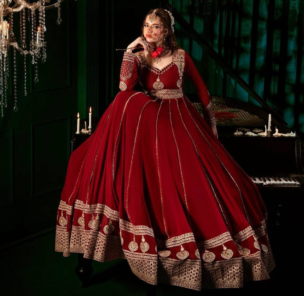 Maroon Anarkali suit in faux georgette fabric with intricate thread and sequin embroidery