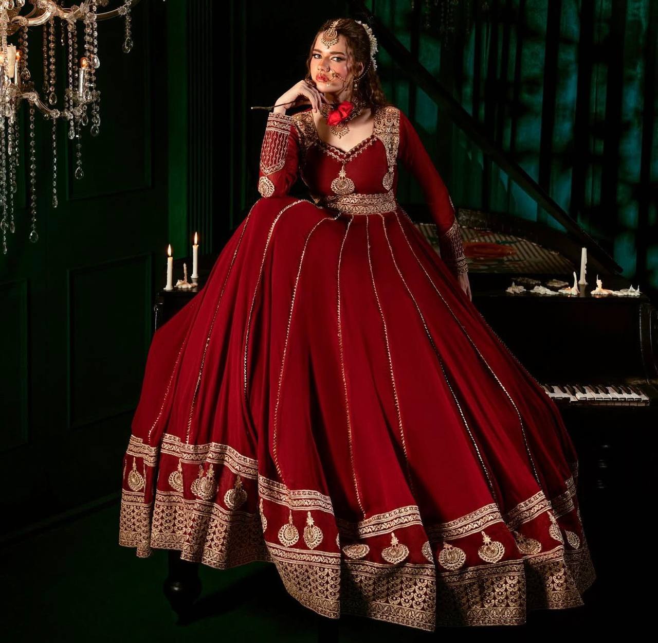Maroon Anarkali suit in faux georgette fabric with intricate thread and sequin embroidery