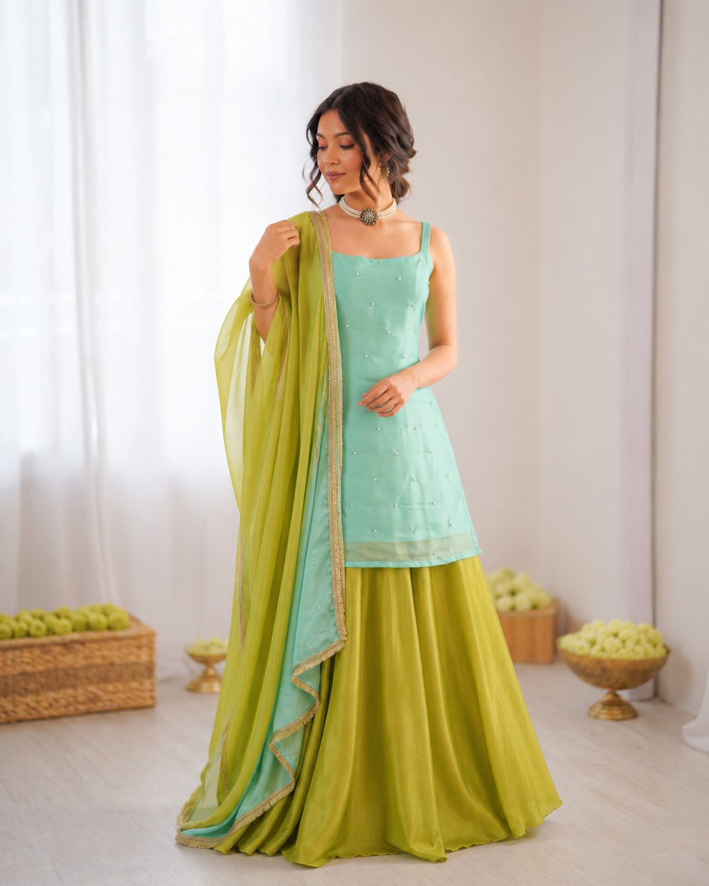 Mint Green Chinon Silk Thread Sequence Designer Palazzo Suit Set