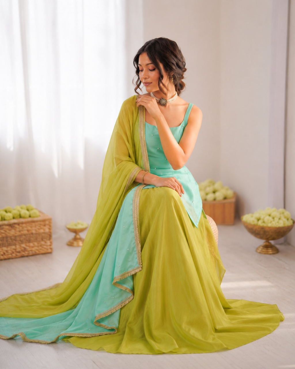 Mint Green Chinon Silk Thread Sequence Designer Palazzo Suit Set