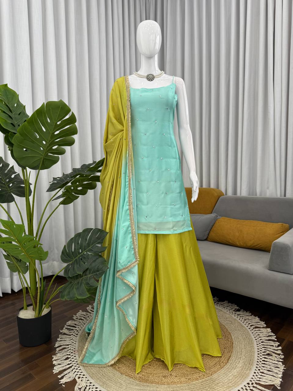 Mint Green Chinon Silk Thread Sequence Designer Palazzo Suit Set