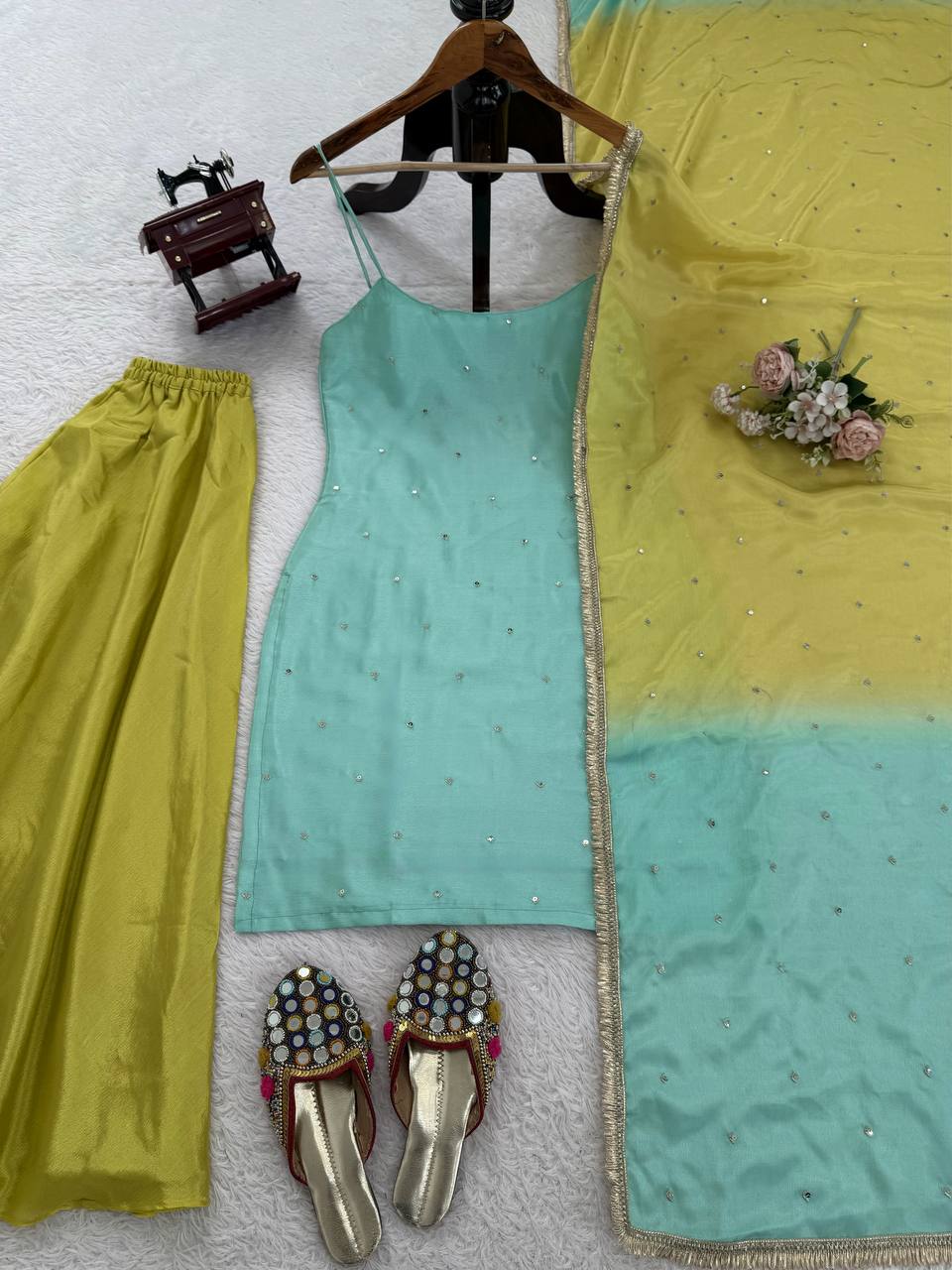 Mint Green Chinon Silk Thread Sequence Designer Palazzo Suit Set