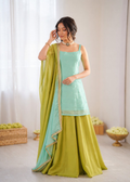 Mint Green Chinon Silk designer palazzo suit with thread and sequence embroidery