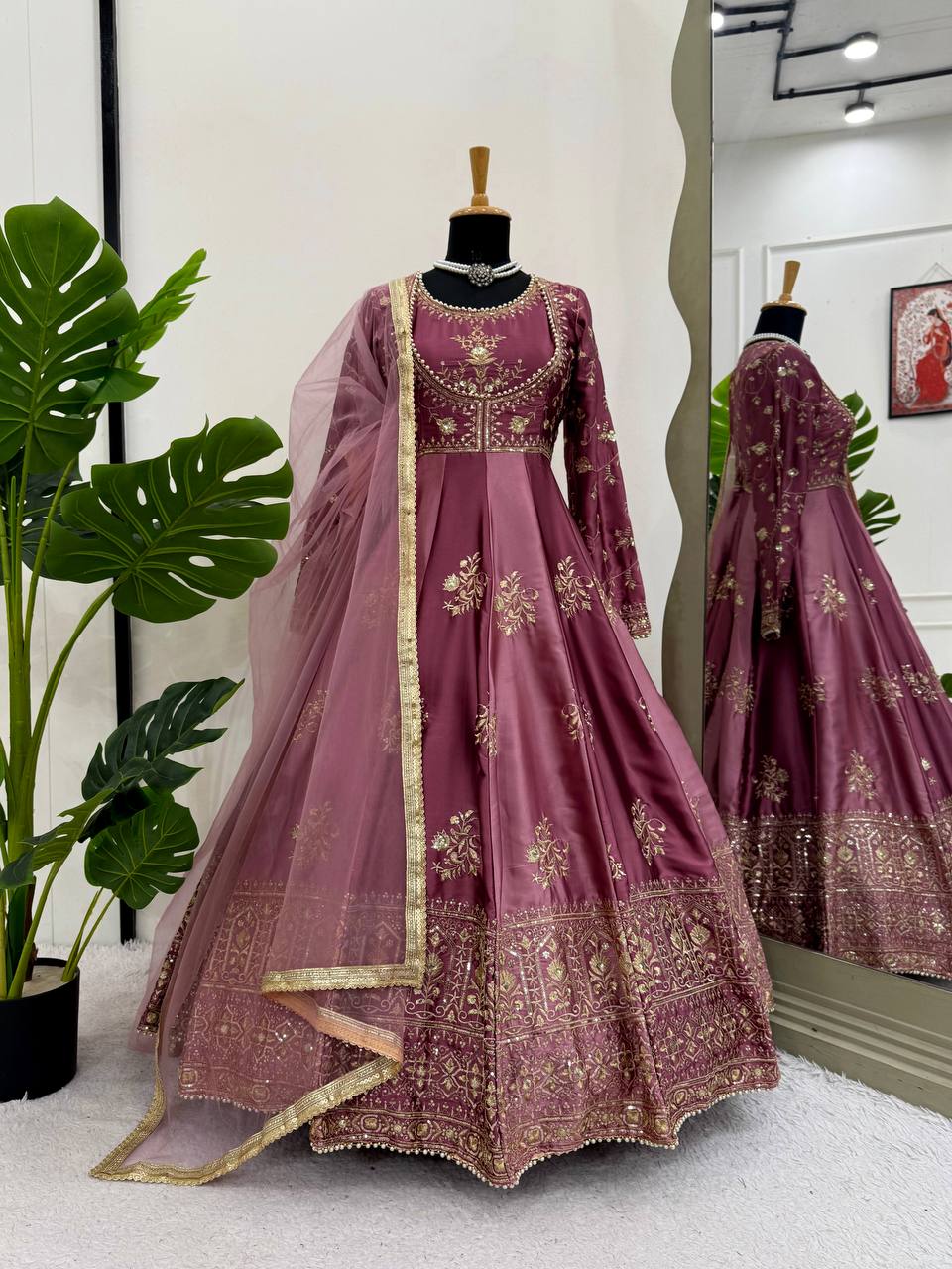 Prazu Fashion Wine Japan Satin Thread Sequin Anarkali Suit