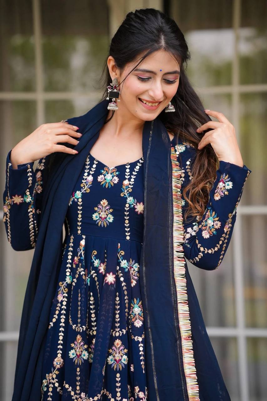 Prazu Fashion Blue Georgette Thread Sequin Anarkali Suit