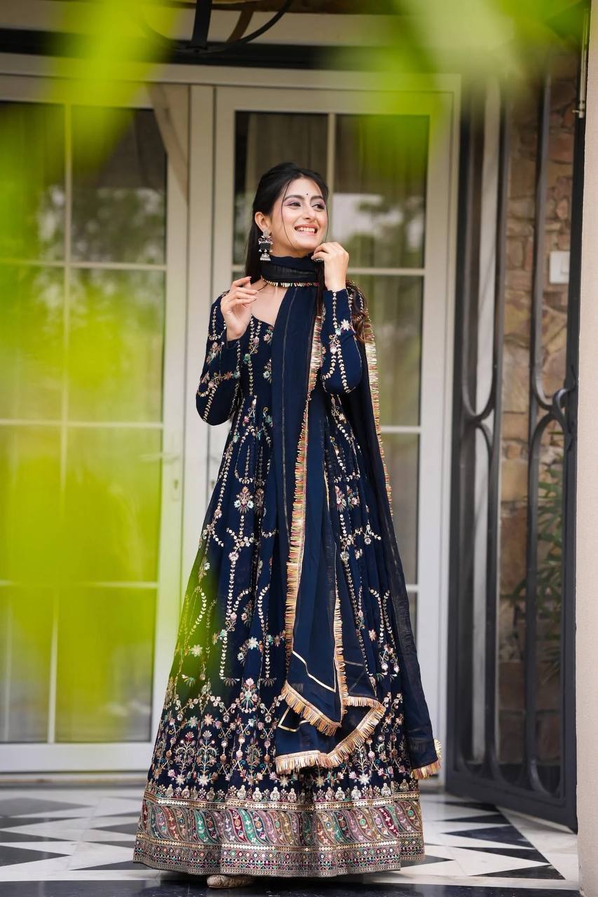 Prazu Fashion Blue Georgette Thread Sequin Anarkali Suit