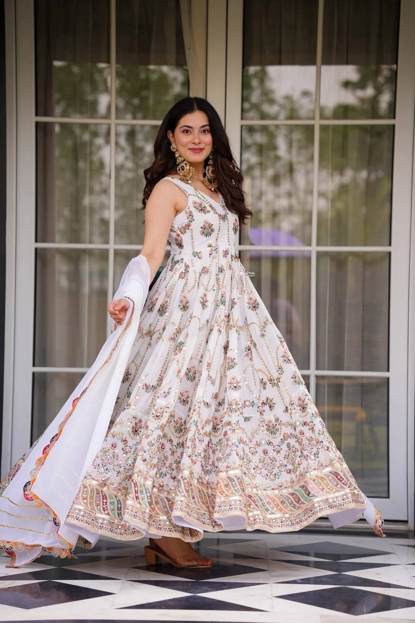 Off White Georgette Anarkali Suit with Thread and Sequin Embroidery