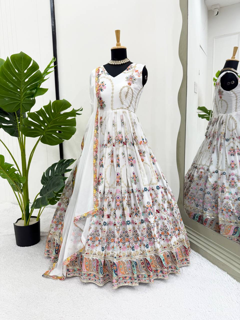 Off White Georgette Anarkali Suit with Thread and Sequin Embroidery