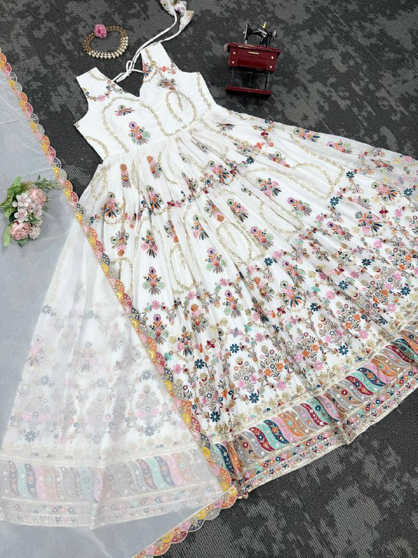 Off White Georgette Anarkali Suit with Thread and Sequin Embroidery