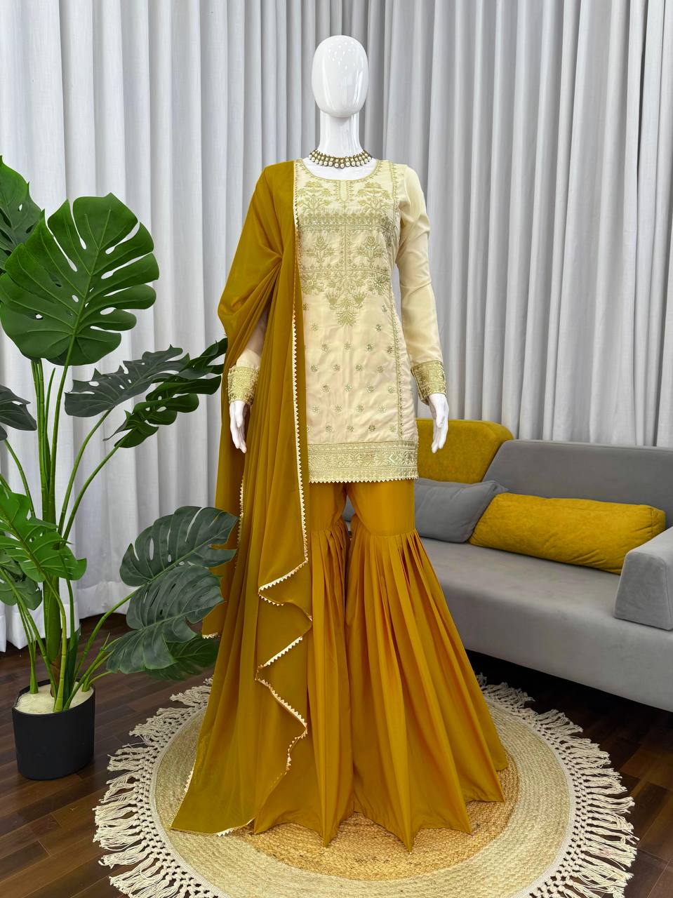 Off White Crepe Sharara Suit with Thread and Sequin Embroidery