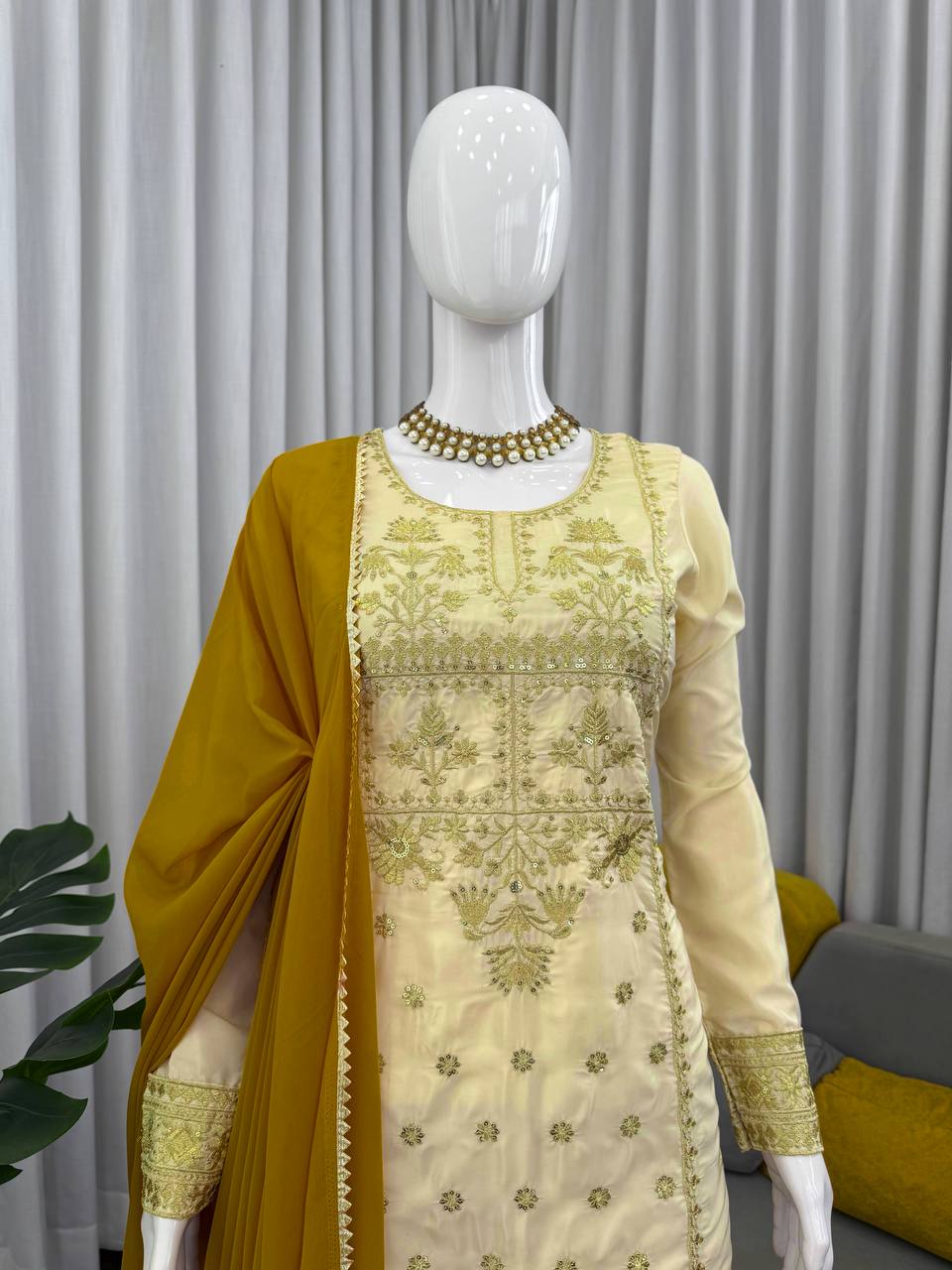 Off White Crepe Sharara Suit with Thread and Sequin Embroidery
