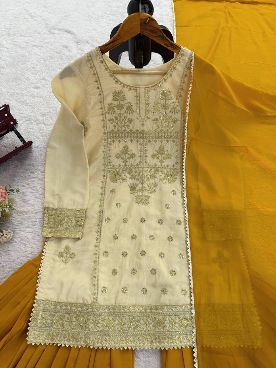 Off White Crepe Sharara Suit with Thread and Sequin Embroidery
